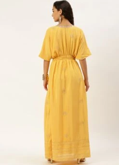 Yellow Chinon Kaftan Dress Festive Wear -C Bazaar Shop Yellow Chinon Kaftan Dress DRBS02204754 b