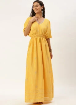 Yellow Chinon Kaftan Dress Festive Wear -C Bazaar Shop Yellow Chinon Kaftan Dress DRBS02204754 u