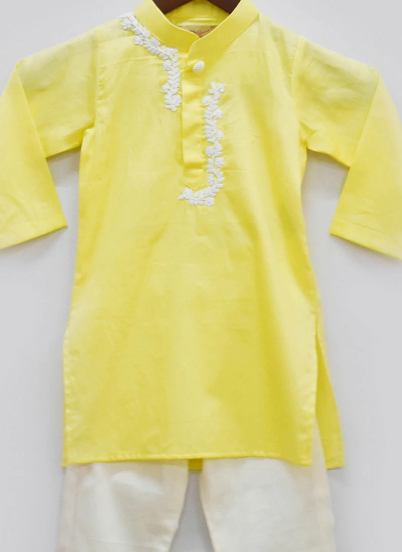 Yellow Cotton Silk Dori Work Kurta Pyjama 1 Yellow Cotton Silk Dori Work Kurta Pyjama