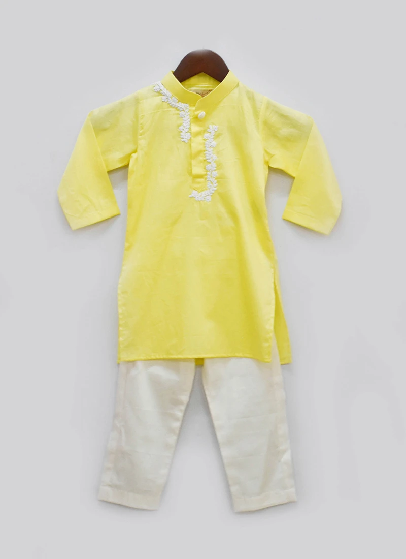Yellow Cotton Silk Dori Work Kurta Pyjama 2 Yellow Cotton Silk Dori Work Kurta Pyjama - Image 2