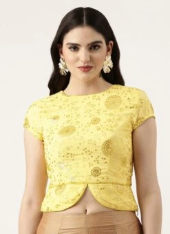 Yellow Embroidered Chinon Blouse Wedding Wear -C Bazaar Shop Yellow Embroidered Chinon Blouse BLBS02303843 u
