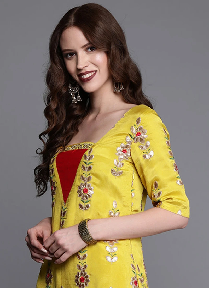 Yellow Embroidered Chinon Kurta Set Festive Wear 5 Yellow Embroidered Chinon Kurta Set Festive Wear - Image 5