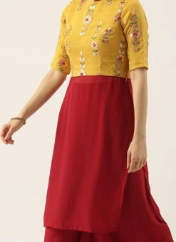 Yellow Embroidered Chinon N Maroon Kurta Set Festive Wear