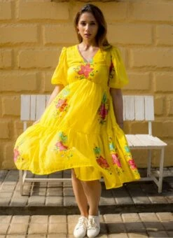 Yellow Faux Chiffon Digital Print Fit And Flare Dress After Six Wear -C Bazaar Shop Yellow Faux Chiffon Digital Print Fit And Flare Dress DRSSUF1306 u