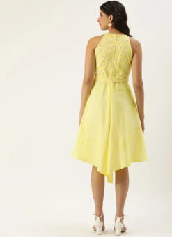 Yellow Foil Printed Asymmetric Dress Festive Wear -C Bazaar Shop Yellow Foil Printed Asymmetric Dress DRBS02209721 b