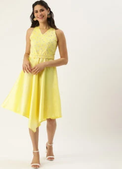 Yellow Foil Printed Asymmetric Dress Festive Wear -C Bazaar Shop Yellow Foil Printed Asymmetric Dress DRBS02209721 u