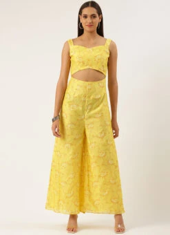 Yellow Foil Printed Jumpsuit Festive Wear -C Bazaar Shop Yellow Foil Printed Jumpsuit DRBS02208466 u