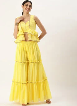 Bottom From Yellow Georgette Embroidered Crop Top N Sharara Set After Six Wear -C Bazaar Shop Yellow Georgette Embroidered Crop Top N Sharara Set IWBS02212558 u