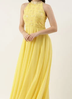 Yellow Georgette Embroidered Gown Party Wear