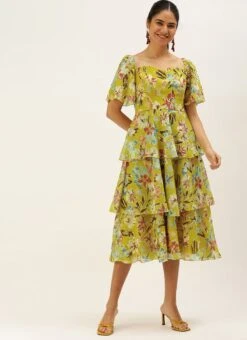 Yellow Georgette Layered Style Dress After Six Wear -C Bazaar Shop Yellow Georgette Layered Style Dress DRBS02208417 u