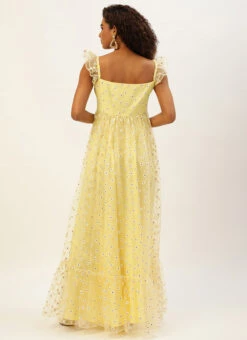 Yellow Glitter Foil Tiered Gathers Dress Party Wear -C Bazaar Shop Yellow Glitter Foil Tiered Gathers Dress DRBS02209691 b