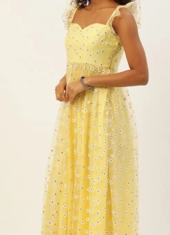 Yellow Glitter Foil Tiered Gathers Dress Party Wear