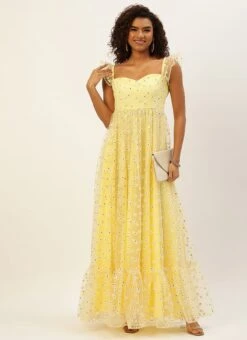 Yellow Glitter Foil Tiered Gathers Dress Party Wear -C Bazaar Shop Yellow Glitter Foil Tiered Gathers Dress DRBS02209691 u