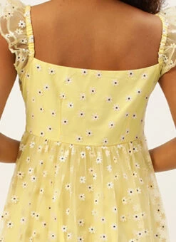 Yellow Glitter Foil Tiered Gathers Dress Party Wear -C Bazaar Shop Yellow Glitter Foil Tiered Gathers Dress DRBS02209691 rrc2
