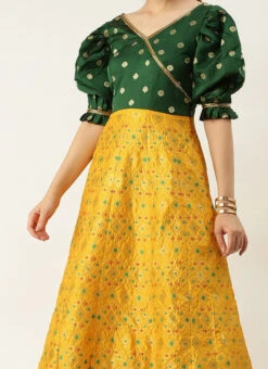 Yellow N Green Taffeta Jacquard Anarkali Suit Festive Wear