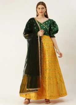 Yellow N Green Taffeta Jacquard Anarkali Suit Festive Wear -C Bazaar Shop Yellow N Green Taffeta Jacquard Anarkali Suit SLBS02301047 u