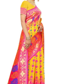 Yellow N Pink Color Woven Work Banarasi Silk Saree Festive Wear