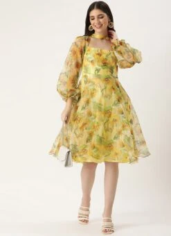 Yellow Organza Mini Dress Party Wear -C Bazaar Shop Yellow Organza Mini Dress DRBS02209616 u