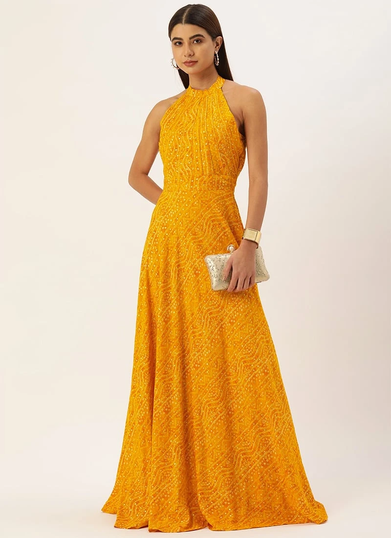 Why Kiki Dress Yellow Printed Halter Neck Floor Length Gown Festive Wear 3 Why Kiki Dress Yellow Printed Halter Neck Floor Length Gown Festive Wear - Image 3