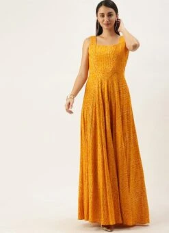 Yellow Printed Strap Neck Dress After Six Wear -C Bazaar Shop Yellow Printed Strap Neck Dress DRBS02109710 u