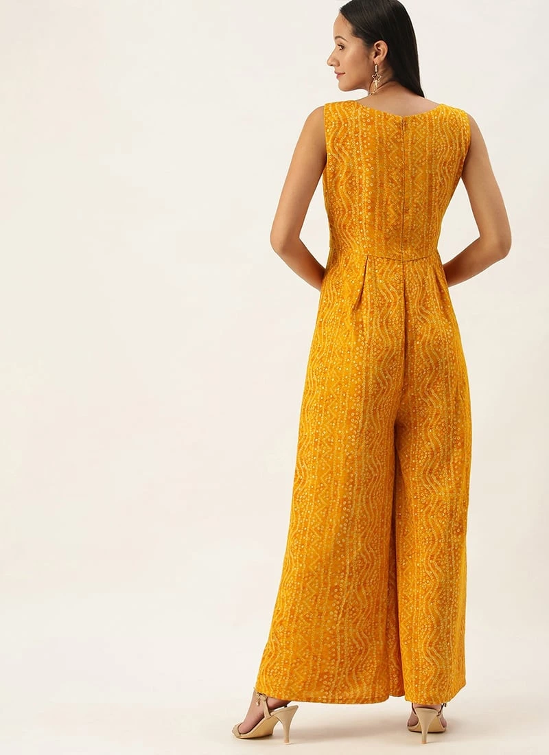 Yellow Printed Viscose Angrakha Style Jumpsuit Festive Wear 4 Yellow Printed Viscose Angrakha Style Jumpsuit Festive Wear - Image 4