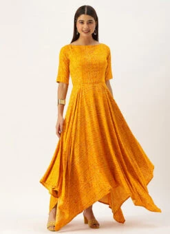 Yellow Printed Viscose Handkerchief Style Dress Festive Wear -C Bazaar Shop Yellow Printed Viscose Handkerchief Style Dress DRBS02110941 u
