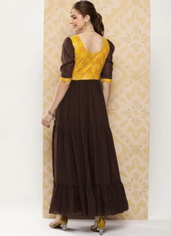 Yellow Rayon N Brown Georgette Gathers Dress After Six Wear -C Bazaar Shop Yellow Rayon N Brown Georgette Gathers Dress DRBS02302147 b