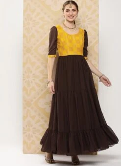 Yellow Rayon N Brown Georgette Gathers Dress After Six Wear -C Bazaar Shop Yellow Rayon N Brown Georgette Gathers Dress DRBS02302147 u