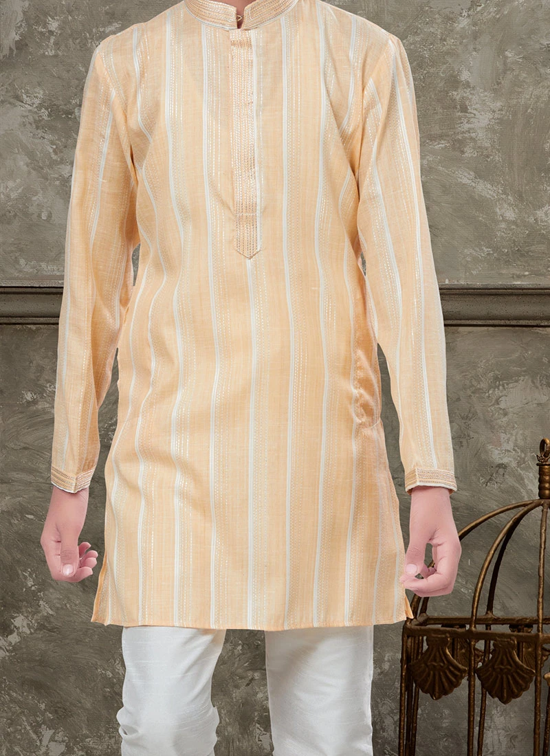 Yellow To White Blended Cotton Kids Boys Kurta Pyjama Party Wear 1 Yellow To White Blended Cotton Kids Boys Kurta Pyjama Party Wear