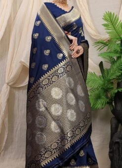 Zari Weaving Patola Silk Navy Blue Color Saree Festive Wear