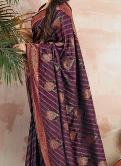 Zari Work Purple Color Satin Silk Saree Festive Wear