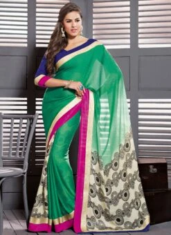 Zesty Green Printed Saree Festive Wear -C Bazaar Shop Zesty Green Printed Saree SACVP161 u
