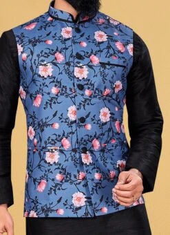 Aegean Blue Cotton Printed Nehru Jacket
