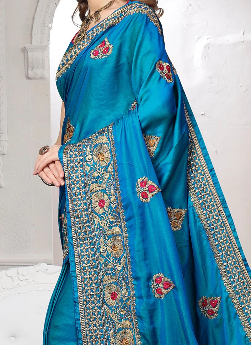 Aqua Blue Embroidered Saree Party Wear 1 Aqua Blue Embroidered Saree Party Wear