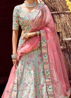 Arctic Blue Satin Sequins Embroidery Umbrella Lehenga Wedding Wear