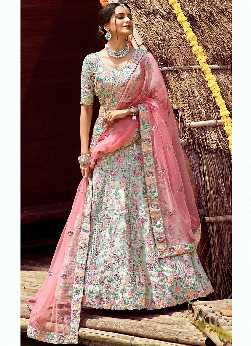 Arctic Blue Satin Sequins Embroidery Umbrella Lehenga Wedding Wear 3 Arctic Blue Satin Sequins Embroidery Umbrella Lehenga Wedding Wear - Image 3