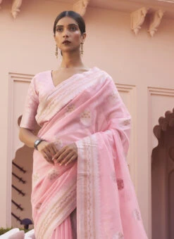 Baby Pink Linen Zari Work Saree Festive Wear -C Bazaar Shop baby pink linen zari work saree samkns1072217004 b