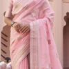 Baby Pink Linen Zari Work Saree Festive Wear