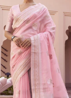 Baby Pink Linen Zari Work Saree Festive Wear