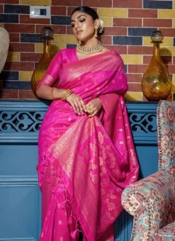 Banarasi Raw Silk Zari Woven Work Pink Color Saree Festive Wear -C Bazaar Shop banarasi raw silk zari woven work pink color saree sasacw4224 b