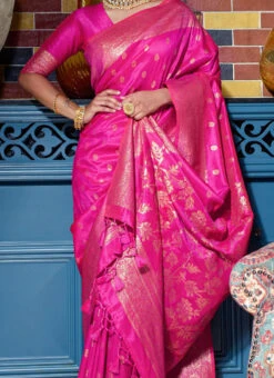 Banarasi Raw Silk Zari Woven Work Pink Color Saree Festive Wear
