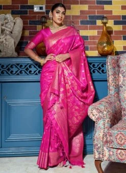 Banarasi Raw Silk Zari Woven Work Pink Color Saree Festive Wear -C Bazaar Shop banarasi raw silk zari woven work pink color saree sasacw4224 u