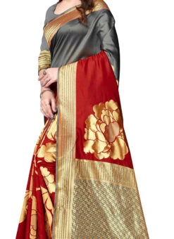 Banarasi Silk Woven Work Grey N Red Color Saree Festive Wear