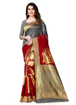 Banarasi Silk Woven Work Grey N Red Color Saree Festive Wear -C Bazaar Shop banarasi silk woven work grey n red color saree sasstsktsrk8566a u