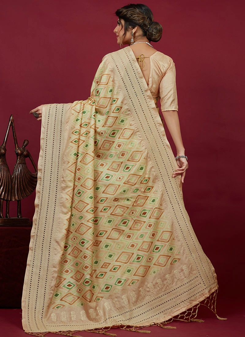 Beige Art Silk Cotton Printed Chikankari Sari Festive Wear 4 Beige Art Silk Cotton Printed Chikankari Sari Festive Wear - Image 4