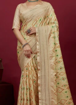 Beige Art Silk Cotton Printed Chikankari Sari Festive Wear