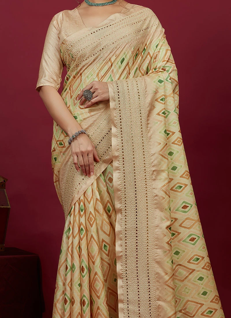 Beige Art Silk Cotton Printed Chikankari Sari Festive Wear 1 Beige Art Silk Cotton Printed Chikankari Sari Festive Wear