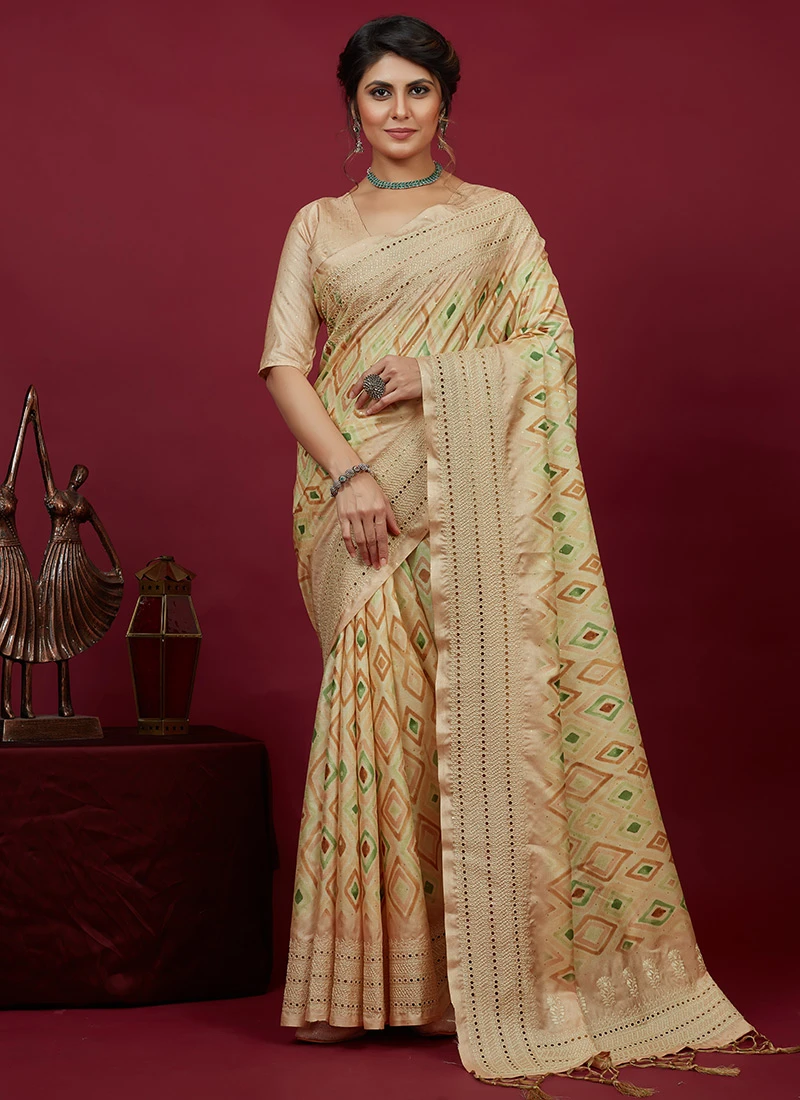 Beige Art Silk Cotton Printed Chikankari Sari Festive Wear 3 Beige Art Silk Cotton Printed Chikankari Sari Festive Wear - Image 3