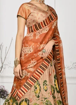 Beige Art Silk Kalamkari Print Umbrella Lehenga Festive Wear