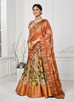 Beige Art Silk Kalamkari Print Umbrella Lehenga Festive Wear -C Bazaar Shop beige art silk kalamkari print umbrella lehenga ghsjssb1637 u